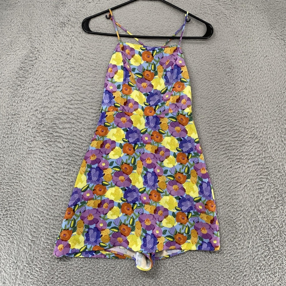 Zara Romper Dress Womens XS Colorful Floral Scoop Neck Open Back Shorts